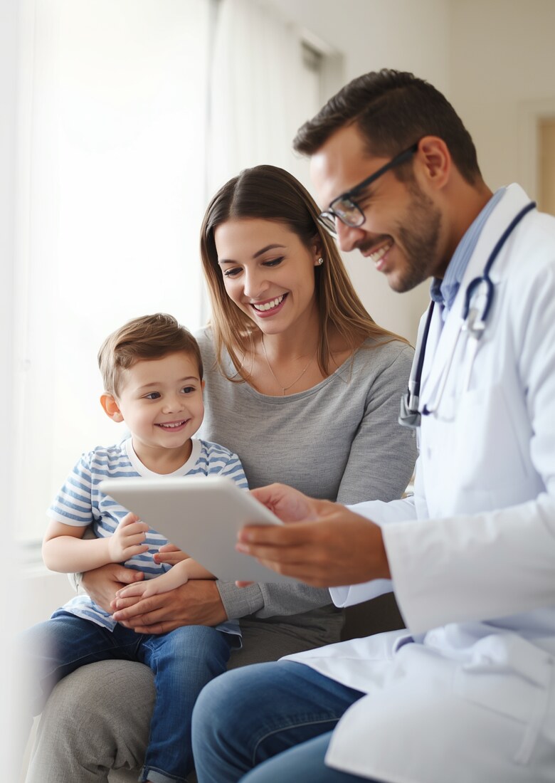 A family reviewing health coverage options on a tablet with their advisor